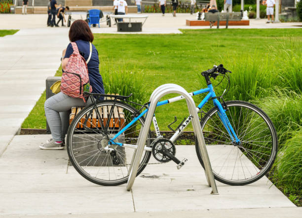 London, UK - 21 September, 2019 - Bicycle parking racks at Queen Elizabeth Olympic Park