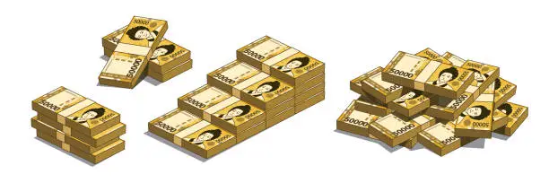 Vector illustration of Korean currency, different types set of Bundles of paper money. South Korean 50,000 won.