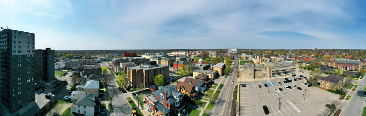 An aerial panorama of Brantford, Ontario, Canada on a spring day