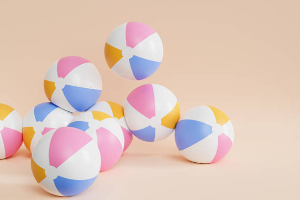 istock Summer beige background with inflatable beach balls, minimal 3d illustration render 1321497071