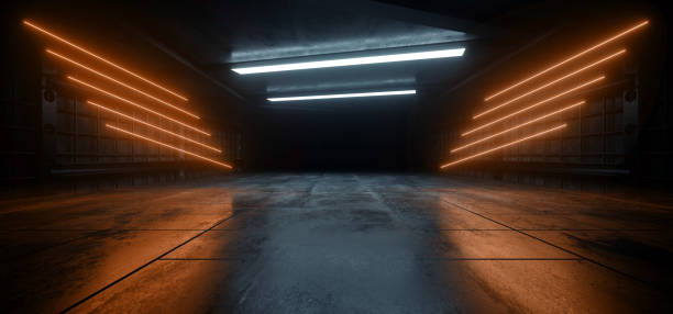 istock Neon Laser  Orange White Vibrant Sci Fi Futuristic Warehouse Empty Stage Showcase Room Corridor Tunnel Grunge Concrete Dark Underground Background 3D Rendering 1321498992