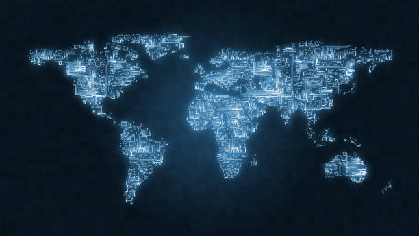 istock Blue map of the world as a computer circuit illustrating big data, internet and AI concepts 1321498996