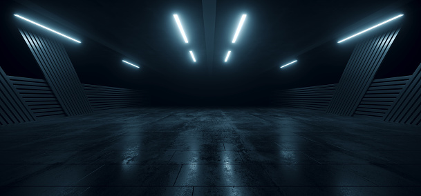 Underground Concrete Hangar Tunnel Garage Realistic Background Showroom Sci Fi Futuristic Modern Grunge Alien Warehouse Hallway Asphalt Dark Lights 3D Rendering Illustration