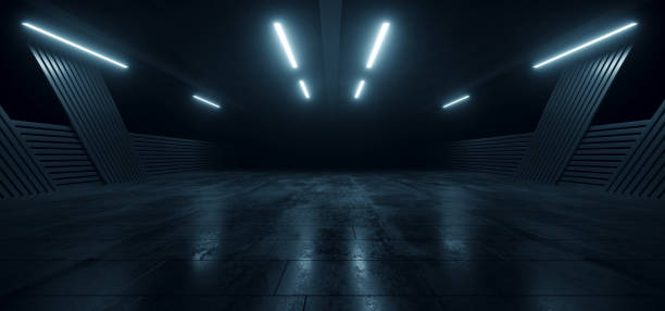 podziemny hangar garaż garaż realistyczne tło showroom sci fi futurystyczny nowoczesny grunge alien warehouse hallway asfalt ciemne światła 3d rendering - salon wystawowy zdjęcia i obrazy z banku zdjęć