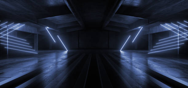 istock Neon Laser Blue Vibrant Sci Fi Futuristic Warehouse Empty Stage Showcase Room Corridor Tunnel Grunge Concrete Dark Underground Background 3D Rendering 1321499105