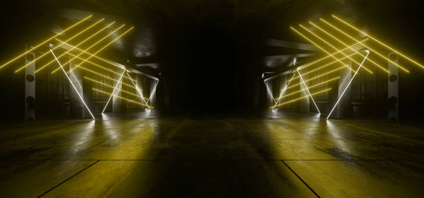 istock Neon Laser Yellow White Vibrant Sci Fi Futuristic Warehouse Empty Stage Showcase Room Corridor Tunnel Grunge Concrete Dark Underground Background 3D Rendering 1321499135