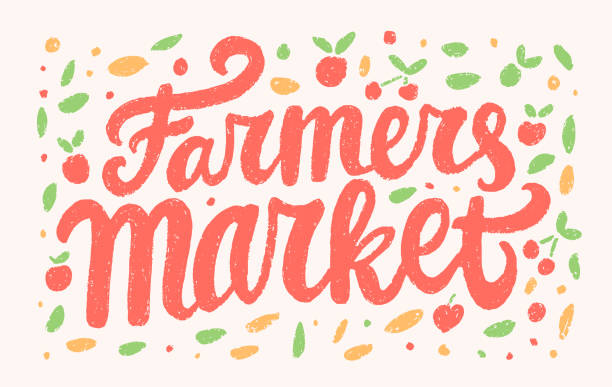 illustrazioni stock, clip art, cartoni animati e icone di tendenza di mercato degli agricoltori. segno vettoriale scritto a mano alla lavagna. - farmers market