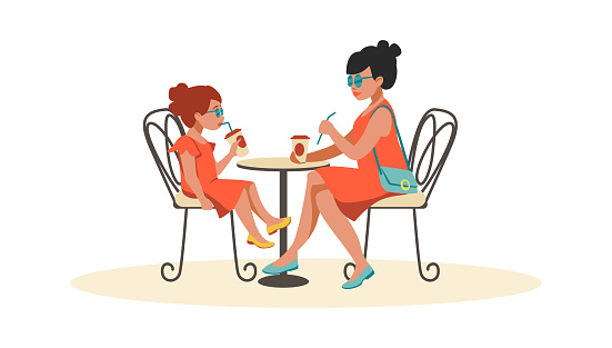 Mother And Daughter In Cafe Cartoon Woman With Child Spend Time Together Mom  And Girl Drinking Beverages In Restaurant People Sitting At Table Outdoor  Vector Family Summer Recreation Stock Illustration - Download