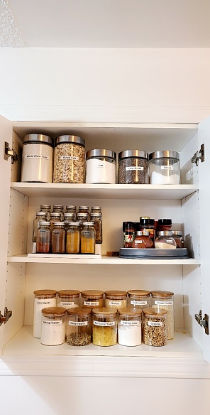 Kitchen pantry organized with clear containers and labels