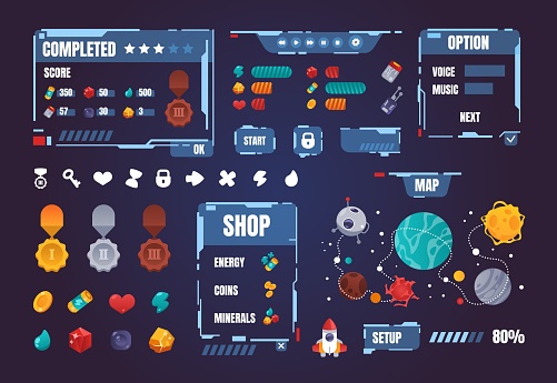 Game Ui Kit Cartoon Interface Menu Elements Buttons And Progress Bars Set  Award Medals Space Arcade Indicators Map With Planets And Rocket Way Vector  Isolated Gui Symbols Set Stock Illustration - Download