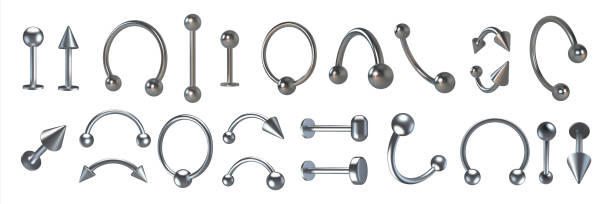 Piercing jewelry. Realistic metal nose rings. 3D earrings and pierced face and body accessories set. Silver cones and balls. Hoops or barbells. Vector metallic bijouterie collection Piercing jewelry. Realistic metal nose rings. 3D earrings and pierced face and body accessories set. Isolated silver cones and balls. Steel hoops or barbells. Vector metallic bijouterie collection Pierced stock illustrations