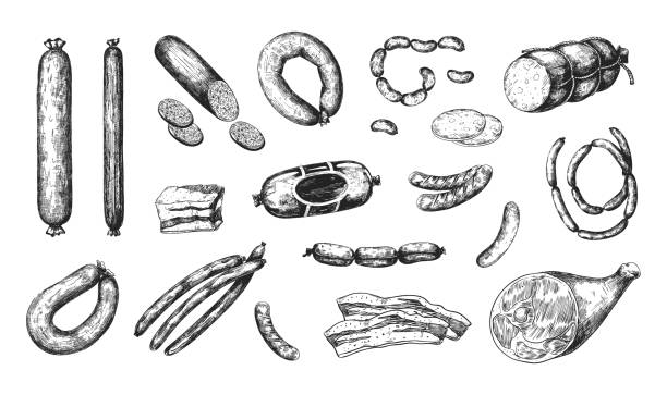 ручная колбаса. гравированные мясные продукты. изолированный хамон и бекон. свинина болонья чоризо или мортаделла. кусочки ветчины и салям� - chorizo stock illustrations