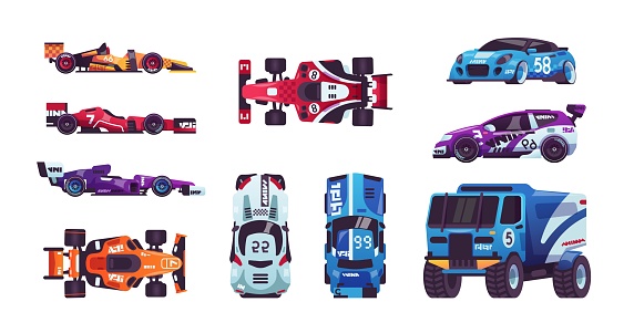 Race cars. Cartoon fast automobiles. Racing trucks and bolides. Isolated high-speed transport. Top and side views of driving vehicles set. open-wheel single-seater racing car championship. Auto toys. Vector rally elements
