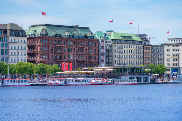 The Lake Binnenalster with the Boulevard Jungfernstieg in Hamburg-Germany