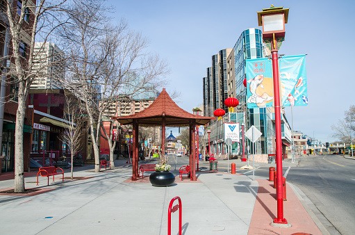 Empty street of Calgary China Town during day of springtime
