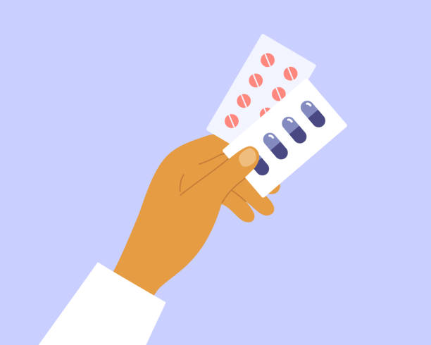 Vector illustration of doctor or healthcare specialist holding pills, tablets or vitamin in hand Healthcare specialist holding pills, tablets or vitamin in hand. Prescription of doctor concept. Pharmacy, drug store, medicine. Medic in white clothes show medication. Health care vector illustration antiviral drug stock illustrations