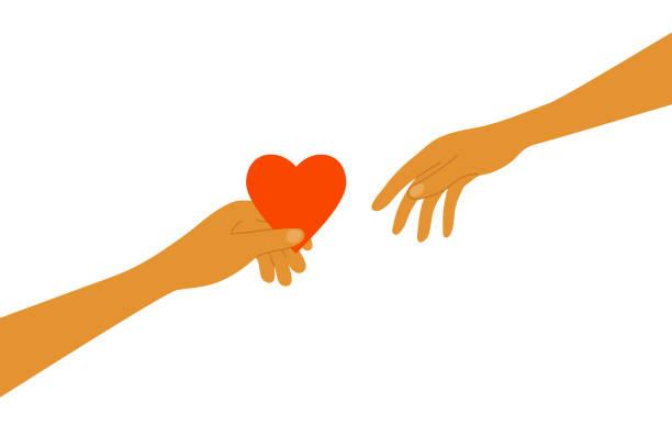 Sharing love vector illustration with human hand holds out red heart shape to another person Sharing love. Human hand holds out red heart shape to another person. Charity, volunteer work concept. Giving helping hand for poor or refugees. Happy Valentine day postcard. Love vector illustration empathy stock illustrations