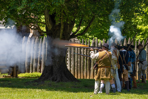 Elizabethton, Tennessee, USA, - May 15, 2021:  Reenactment at Sycamore Shoals State Historic Park of the Siege of Fort Watauga in 1776.