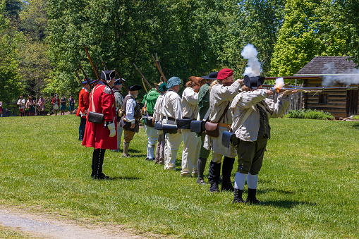 Elizabethton, Tennessee, USA, - May 15, 2021:  Reenactment at Sycamore Shoals State Historic Park of the Siege of Fort Watauga in 1776.