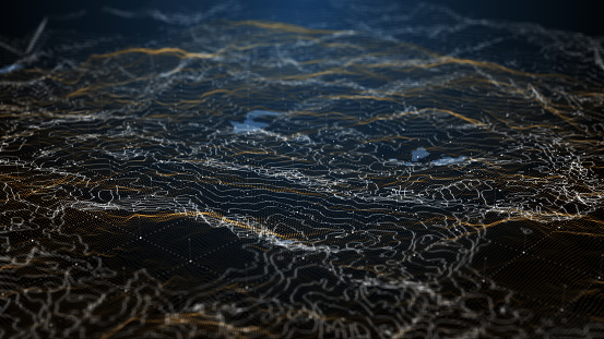 Partícula de paisaje digital de color naranja oscuro.3D Renderizado. photo