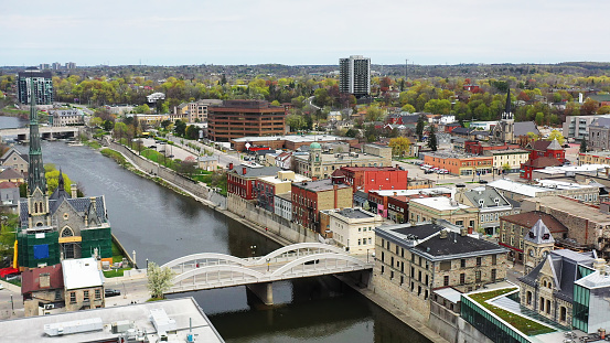 An aerial of the city of Cambridge, Ontario, Canada