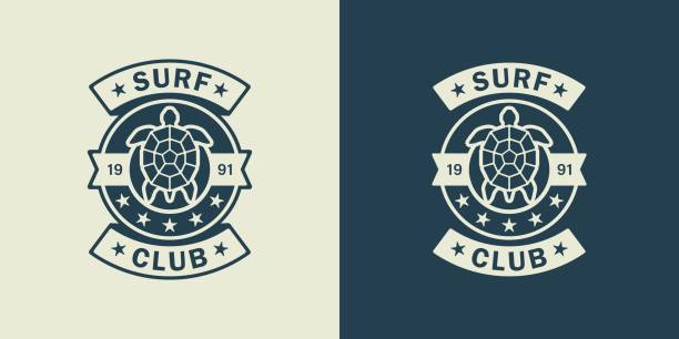 Vector illustration for emblem, sticker, label, poster, print. Surfing club symbol. Summer vacation at the sea.