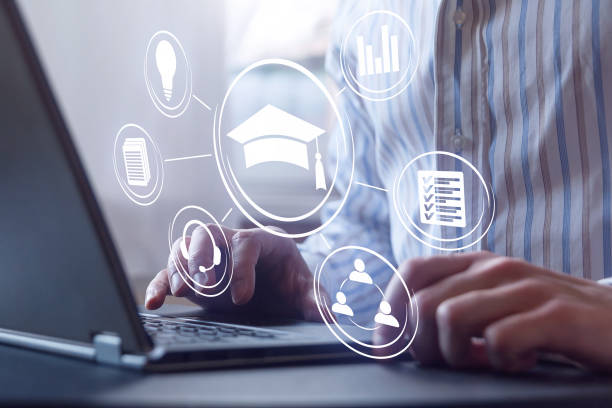 istock learning online at home, distance education concept, educational webinar lecture seminar on laptop, blue toned 1321508842