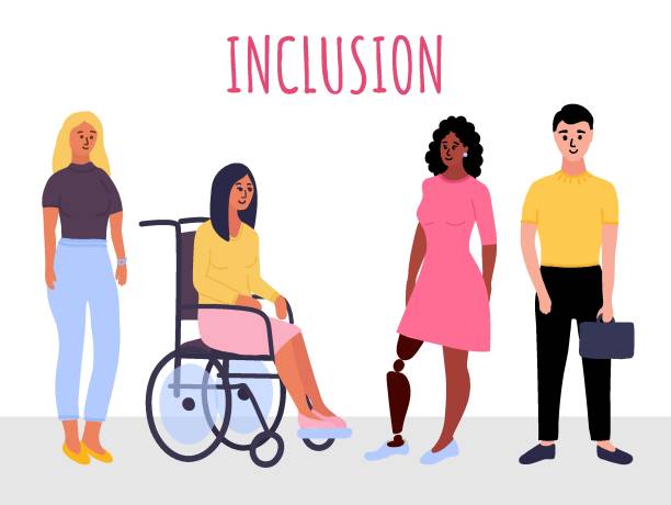 diverse group of young people, office workers isolated on white background with lettering Inclusion. Multinational company. diverse group of young people, office workers isolated on white background with lettering Inclusion. Multinational company. men and women standing together, female on wheelchair, with a prosthetic leg. Flat cartoon vector illustration. equity vs equality stock illustrations