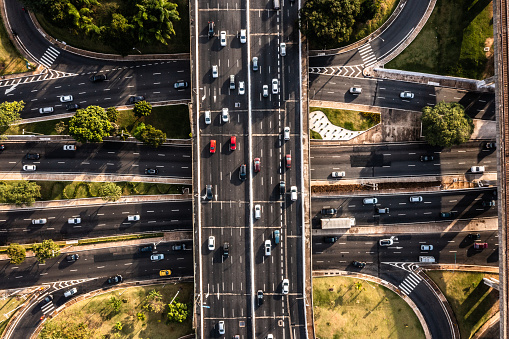 Directly above view of multiple lane highway in Sao Paulo, Brazil