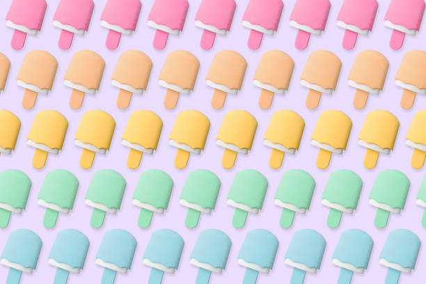 Creative pattern of colourful popsicles or ice-creams on purple background. Summer and rainbow concept. Illustration 3d.