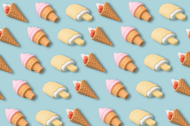 istock Creative pattern of colourful popsicles or ice-creams on blue background. Summer and food concept. Illustration 3d. 1321513198
