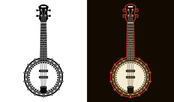 Banjo musical instrument two styles black on white and colorful on dark background vector illustration Banjo musical instrument two styles black on white and colorful on dark background vector illustration banjo stock illustrations