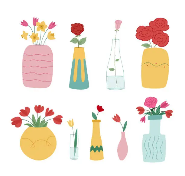 Vector illustration of Large set of flower vases. Idly filled bouquets or single flowers. Colored isolated illustration in doodle style on white.