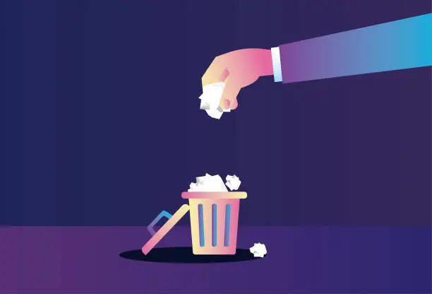 Vector illustration of Waste paper is thrown into the trash can