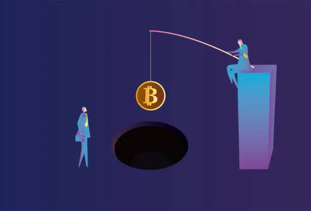 Vector illustration of Businessmen use Bitcoin to lure others into a trap