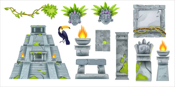 Aztec maya ancient culture set, vector cartoon totem tribal elements, ancient pyramid, stone sign board. Archaeological old civilization altar, toucan, boulder column, tiki mask. Aztec culture symbols altar stock illustrations