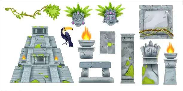 Vector illustration of Aztec maya ancient culture set, vector cartoon totem tribal elements, ancient pyramid, stone sign board.