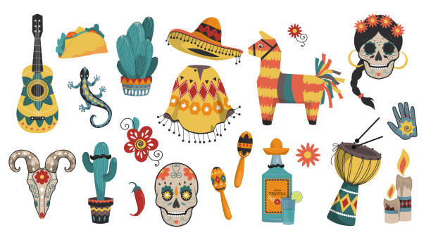 ilustrações de stock, clip art, desenhos animados e ícones de a large set of various mexican elements. elements of national color and culture. isolated objects on a white background for your design.  vector image, eps10. - carnival spirit