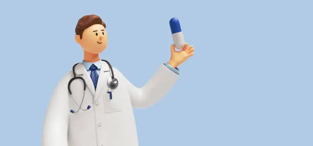 Photo of 3d render. Doctor or pharmacist cartoon character holding big blue pill. Medicament recommendation. Pharmaceutical clip art isolated on blue background