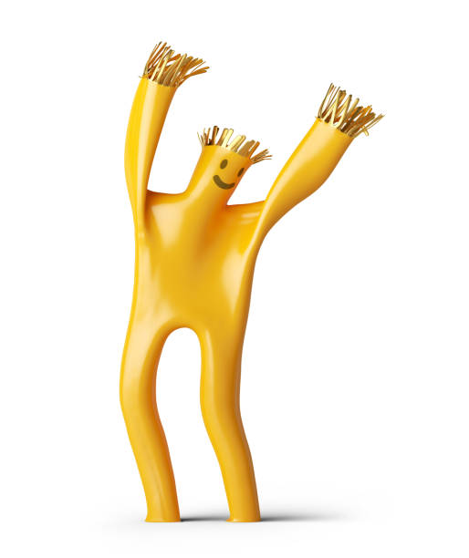 3d render, abstract yellow guy. Funny cartoon character stands with hands up, isolated on white background. Balloon toy, mascot sky dancer with elastic body