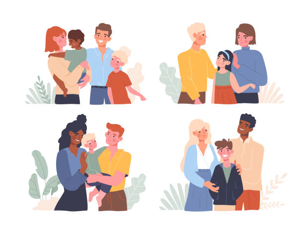 Child adoption scenes Child adoption scenes. Diverse multicultural foster families, couples adopt children. Parents embracing happy adopted daughters and sons. Set of flat cartoon vector illustrations isolated on white diverse family stock illustrations