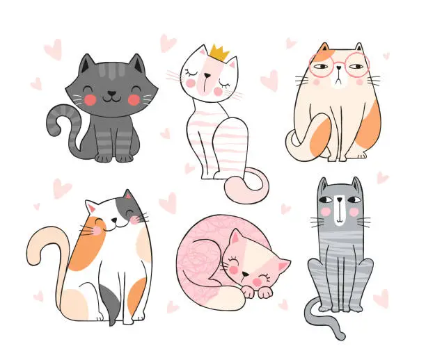 Vector illustration of Collection of cute doodle hand drawn cats