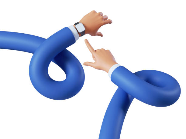 istock 3d render, funny cartoon flexible hands wears electronic smart watch with blank screen. Business clip art isolated on white background 1321519719