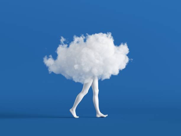 istock 3d render. Abstract white cloud with mannequin legs. Soul metaphor. Minimal surreal clip art isolated on blue background 1321520013