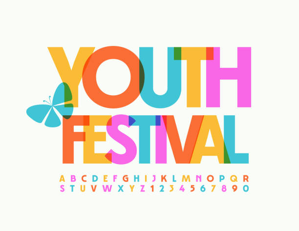 Vector event flyer Youth Festival. Artistic colorful Alphabet Letters and Numbers set Trendy bright Font festival stock illustrations