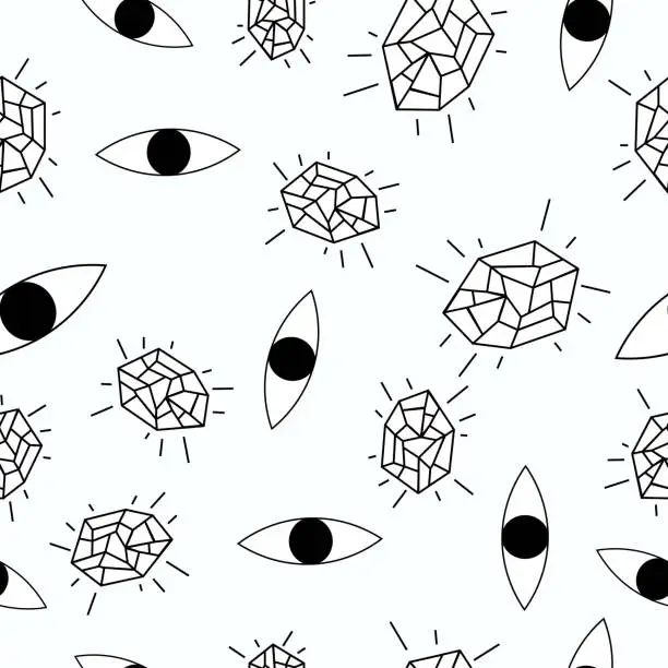 Vector illustration of magic pattern of crystals and eyes. Hand drawn vector seamless pattern with ethnic magic elements, eye, minerals