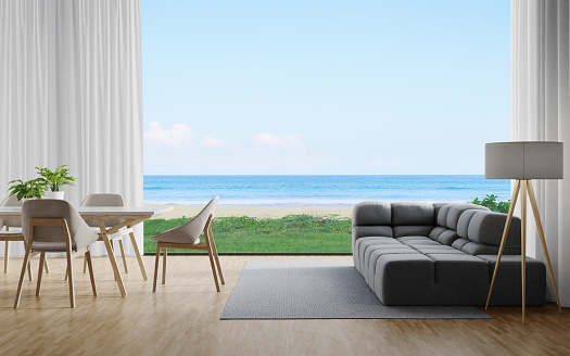 Minimal home interior 3d rendering with sky and sea view.