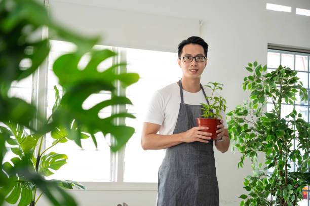 istock Young Asian man  with green potted plant looking at camera 1321523281