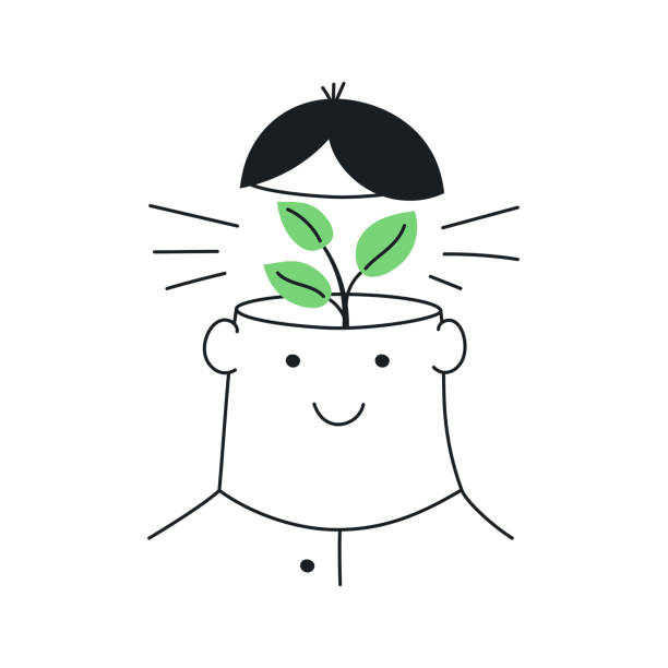 Sprout is growing from the human's head - vector Burning of the new idea, self-growth, thinking green. Flat thin line vector illustration on white. head shoot stock illustrations
