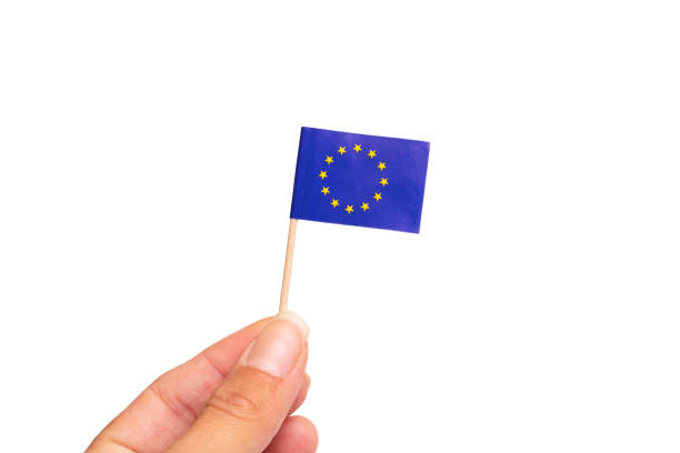 istock Small European Union flag in hand isolated on white background 1321528221